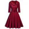 Women Elegant Spring Wine Red Party Dress Feminino Vestidos Audrey 1960s Swing Rockabilly RobeButton Belts Formal Dress