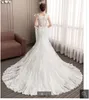 2020 Ny ankomst Long White Lace Mermaid Wedding Dress Beaded Appliques ärmlös Sheer Back Sexiga brudklänningar Court Train S199Z