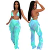 Sommer Frauen Zweiteilige Hosen Set Rüschen Tie Dye Print Outfits Mesh Sheer Lace Up Neckholder Sport Bh Lange Hose rosa Blau Gelb