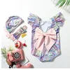 Enfants fille une pièce nœud papillon maillots de bain mai sirène maillot de bain enfants vêtements de plage bébé filles 3 pièces maillot de bain avec bonnet de bain
