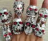 50pcs Red CZ eyes Skull Carved Metal Rings Men Skelekon Retro Vintage Big Silver Ring Fashion Party Gifts Man Accessories Size Mix9383423