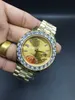 Toppkvalitet Lyx 43mm Gold Big Diamond Mechanical Man Watch (Diamond. Blå. Guld) Ring Automatisk Rostfritt Stål Mäns Klockor Gratis Ship