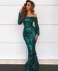 Sexy Goedkope Bling Emerald Green Avondjurken Slijtage Shoulder Slobined Kant Lange Mouwen Mermaid Floor Lengte Pailletten Party Prom-jassen