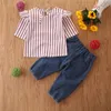 Criança crianças Baby Girl Ruffles roupa listrada 2pcs set meninas bebê Blusa T-shirt Tops Denim Calças Jeans Conjuntos Roupa 1-6Y