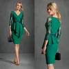 Green Lace Hunter Mother of the Bride V Neck Long Sleeve Evening Gowns Plus Size Wedding Guest Dresses