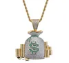 Consegna postale gratuita di gioielli con collana in zirconi con pendente a forma di sacchetto di soldi con simbolo del dollaro hip-hop