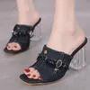 Fashion blue denim crystal transparent thick heels designer sandals size 35 to 40