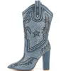 New Fashion Light Blue Botas para mulheres Apontado botas Toe strass Ankle Boots geometria decoração de cristal moda botas grossas sapatos de festa
