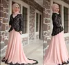 light Pink Saudi Arabic mother of the bride dresses with jacket black lace Sweep Train high collar Long Sleeves Prom Dresses Party Gowns