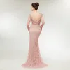 2019 Nuova immagine reale Abiti da sera rosa Indossare collo trasparente maniche lunghe Perline con perline Abito da festa formale lungo senza schienale elegante Prom 4438529