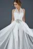 Halter Chiffon Stain Bridal Jumpsuit with Overskirt Train Modest Fairy Beaded Crystal Belt Beach Country Wedding Dress Jumpsuit289v