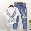 İlkbahar Yaz Moda Kadınlar Set Diamond Papinler Karikatür Kısa Kollu T-Shirt Üstler + Delik Denim Pantolon 2 PCS DEMINISE JEAN KURULU