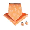 2020 Orange rayé solide Plaids mode hommes cravate avec Hanky boutons de manchette soie cou cravates pour hommes mariage fête cravates
