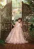 Rose Gold Lasting Flower Girl Vestidos para Casamentos Lace Lantejines Bow Abra Voltar Mangas Curtas Meninas Pageant Dress Kids Communion Vestidos