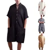 Oeak sommar lösa män rompers halv ärm knapp set casual solid mens frakt overall singel knapp jumpsuit set