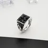 925 Sterling prata vintage homens anéis ajustáveis ​​quadrado em forma de pedra preta flor padrão design masculino peru jóias