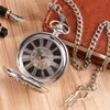 Antyczne klasyczne drewniane kółko zegarek srebrna rzeźba szkielet mechaniczne ręcznie nakręcane zegarki kieszonkowe mężczyźni kobiety wisiorek łańcuszek FOB prezent