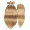 # 27 Honung blont mänskligt hår buntar med stängning peruanska raka mänskliga hårförlängningar 16-24 tum 3 eller 4 buntar med 4x4 spetslåsning