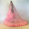 Seksowne 2021 Kobiety Ruffles Pink Sleepwear for Bal Sukienka Kobiety Szlafrok Sheer Nightgown Długim Rękawem Suknia Wieczorowa Robe Prom Druhna Shawel