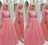 Moda rosa Mangas Compridas Muçulmanos A linha de Vestidos de Noiva 2019 Alta Neck Tulle Frisado Árabe Vestidos de Noiva vestidos de novia M75