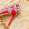 Röd satin brudskor 3 inches högklacken rhinestone bröllopsfest promumpar pekade tunna tunna häl handgjorda kvinnor skor