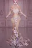 Pink Flower Pattern Rhinestones Long Dress Women Models Catwalk See-through Trailing Dress Birthday Celebration Singer Party Wedding Costume