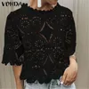 Kvinnors blusar skjortor Vonda Short Sleeve Women 2021 Elegant Bohemian Sexig o-hals Hollow Out Lace Solid Tops Casual Office Ladies Shirt1