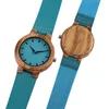 Unique Blue Color Wood Watch Women Wooden Quartz Men's Watches Genuine Leather Band Couples Lover's Timepieces Clock Gifts 2019 Y19051403