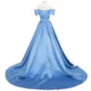 Bleu ciel clair sur l'épaule satin une ligne robes de bal froncé avant fendu balayage train robes de soirée formelles image réelle BA6777