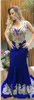 새로운 섹시한 로얄 블루 이브닝 드레스는 V 넥 레이스 아플리케 페르시 환상 민소매 스윕 기차 선발 대회 드레스 댄스 파티 드레스 정장 가운을 착용