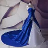 Vintage Royal Blue Satin Wedding Dresses White Organza Lace Applique Chapel Train Wedding Bridal Ball Gown Beaded Custom Made Plus Size
