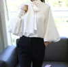 Pure White Bow Tie Blouse Chiffon Women Office Shirt Lantern Sleeve Blouses Blusas Femininas Formal Ladies Tops
