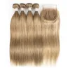 Ash Blonde Color 8 27 Malezyjskie Indian proste ludzkie włosy wiązki z zamknięciem 4 wiązki z koronkowym 4x4 Remy Human Hair 1093259