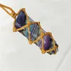 10Pc 35-45mm Natural Rainbow Fluorite Prism Crystal Point Pendant Wrap Braided Macrame Necklace Men Women Energy Adjustable Necklace Jewelry