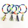 PU cuero arco iris pulsera llavero colorido llavero círculo borla pulsera mujeres chica arco iris pulsera llavero regalos HHA756