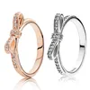 Delicado arco cz anel de diamante para pandora 100% esterlina prata rosa ouro banhado a ouro anel de casamento de casamento conjunto de caixa original