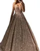 Gorgeous Rose Gold Sequined Prom Dresses 2019 V Neck Sparkling Sequin A-line Backless Vestidos de fiesta de noche Robe De Soiree BM0246