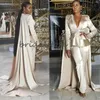 Dubai Szampańskie Suknie Wieczorowe Kaftan Abaya Suknie z Wrap Caped V Neck Długie Rękawy Afryki Prom Dresses Kombinezony Pant Satin Formalna Suknia