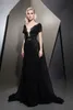 Ziad Nakad Black Prom Dresses Lace Korte Mouw Sexy Deep V-hals Applicaties Sweep Train Evening Jassen met Wraps Illusion Pailletten Feestjurk