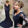 Long Sleeves Navy Blue Evening Dress Mermaid Applique Lace Women Lady Wear Prom Party Dress Formal Event Gown Full Sleeves Appliques Abendkl
