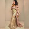 2020 Arabisch Aso Ebi Gold Sparkly Mermaid Abendkleider Spitze Pailletten Ballkleider Günstige formelle Party Kleider für den zweiten Empfang ZJ223