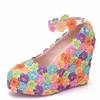 Mix Color Lace Flower Bridal Dress Shoes Platforms Wedge Heels Wedding Party Shoes with Buckle Straps Fashion Colorful Prom Shoe