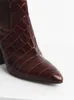 Tıknaz deri nakliye ücretsiz koyun derisi yüksek topuklu ayakkabılar yağma ayak parmakları timsah desen taş ayak bileği botları boyut 34-43 elastik bant koyu kahverengi 97253
