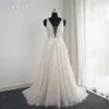 Vestidos de novia sexy con escote en V profundo, frente bajo y espalda, vestido de novia de encaje con cuentas de cristal y perlas, foto real hecha a medida de fábrica