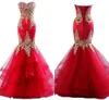 Sexy Red Gold Mermaid Prom Dresses Tiered Skirt Applique Lace Sweetheart Lace-up Tulle Dresses Evening Wear Formal Party Gowns Robes 2019