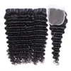 Бразильская глубокая волна волос 3 пакета с 4 * 4 кружевной закрытием Натуральный цвет двойной уток не проливая ткачество