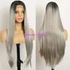 Ombre Grey Two Tone Color Top Grade Natural Straight High Density Heat Resistant Fiber Glueless Synthetic Lace Front Wigs For Black Women