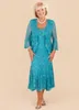 Moeder uit bruid jurken v-hals turquoise full lace lange mouwen thee lengte schede plus size prom party moeder's jurken jas avondjurk