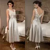 New Petite Tea Length Short Mother Of The Bride Dresses V Neck Backless Sleeveless Lace Empire Young Mother formal evening dresses2973