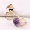 10Pcs 10-20mm Small Freeform Amethyst Citrine Crystal Point Promise Ring Gold Plated Copper Natural Gem Stone Spike Adjustable Bezel Ring